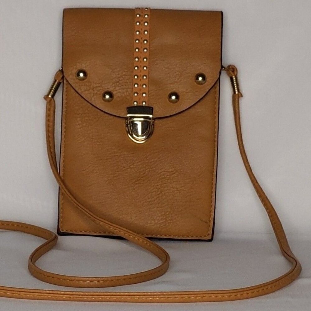 Tan Crossbody Phone Bag with Gold Stud Accent